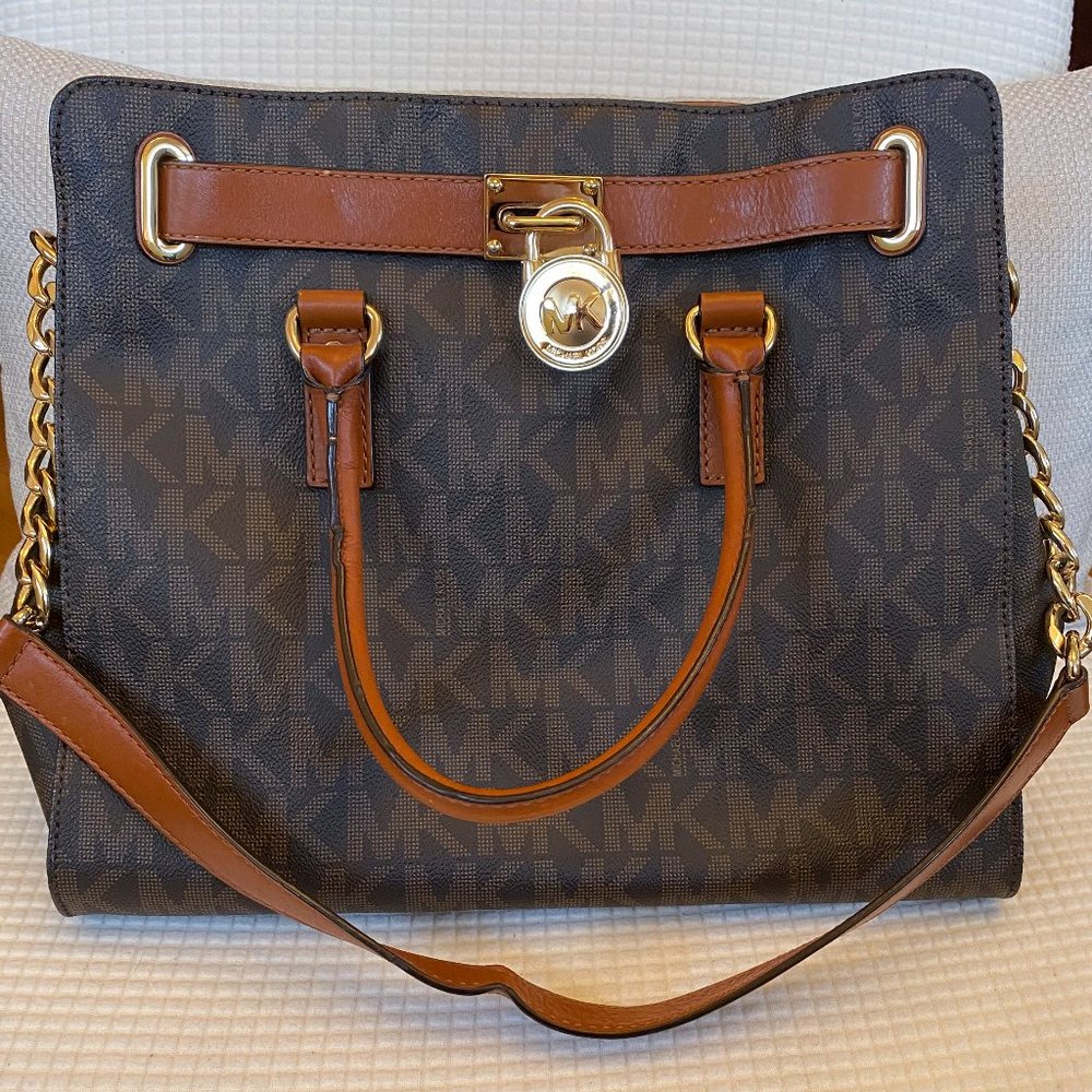Michael Kors MK Brown/Camel Coated Canvas Leather Hamilton Tote Bag with Chain
